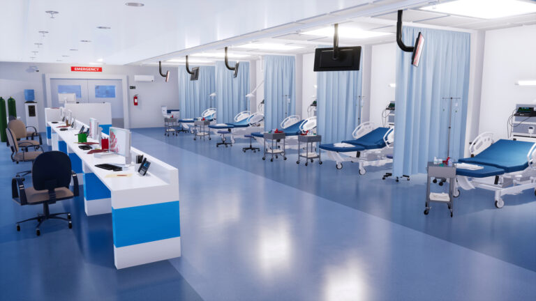 Empty emergency room interior of modern clinic 3D